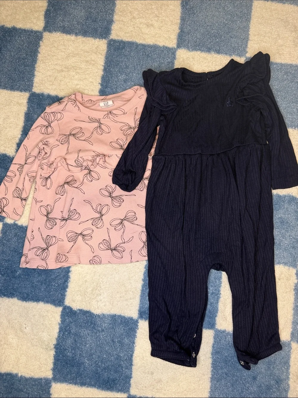 Pink Bow Print Top & Navy Ribbed Romper Bundle